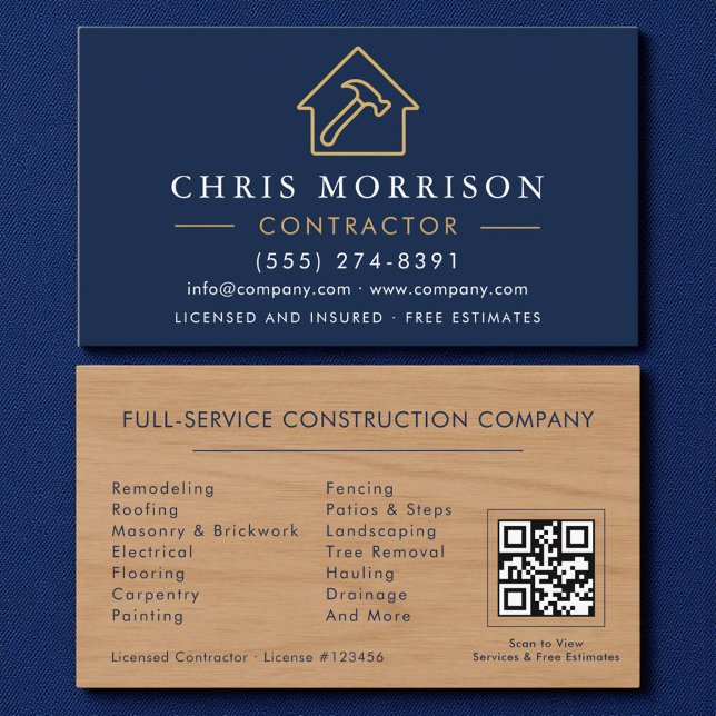 Cartão De Visita Wood Building Construction Navy Blue Gold QR Code (Criador carregado)