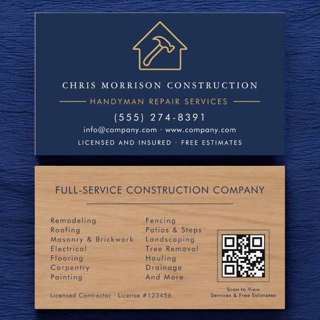 Cartão De Visita Wood Handyman Construction Navy Blue Gold QR Code (Criador carregado)