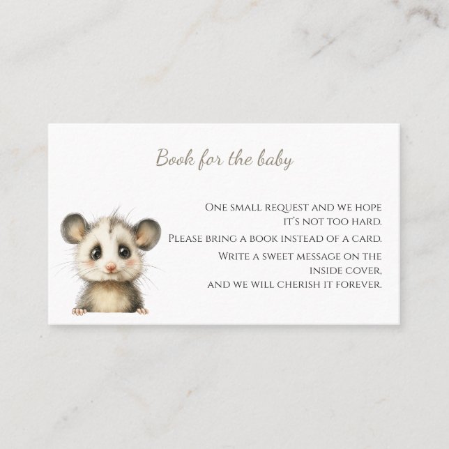 Cartão De Visita Woodland Opossum Baby Shower • Books for Baby (Frente)