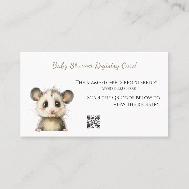 Cartão De Visita Woodland Opossum Baby Shower • Registry Card (Frente)