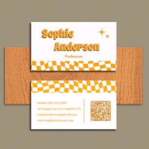 Cartão De Visita Xadrez Laranja Retro com Código QR