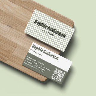 Cartão De Visita Xadrez Verde Sage Retro Moderno com Código QR