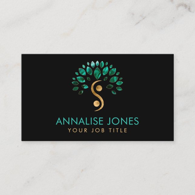 Cartão De Visita Yin Yang, árvore da vida - Folhas de Malachite (Frente)