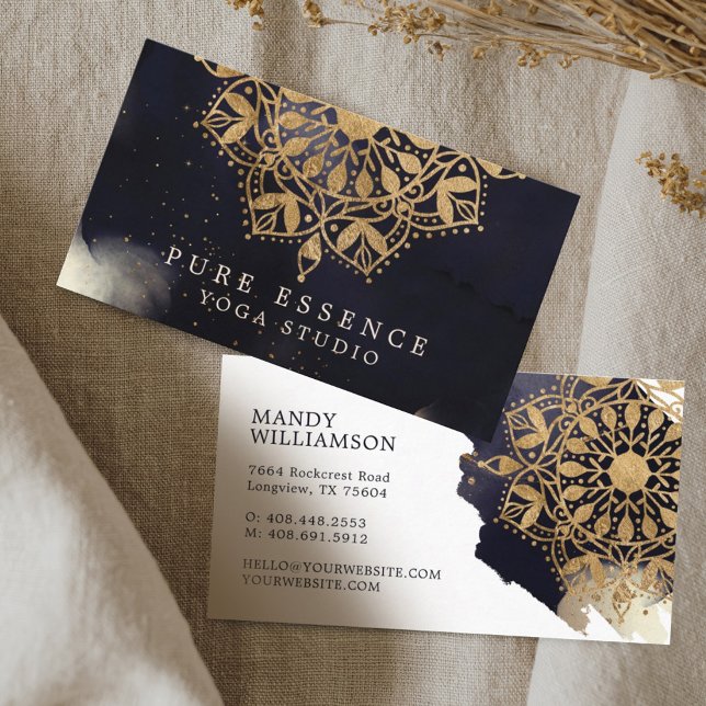 Cartão De Visita Yoga de Tinta Escura Dourada Holística Mandala Lot (Holistic Gold Mandala Lotus Dark Ink Yoga Business Card)