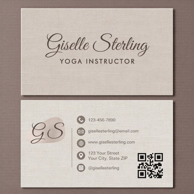 Cartão De Visita Yoga Instructor Beige Linen Elegant QR Code (Criador carregado)