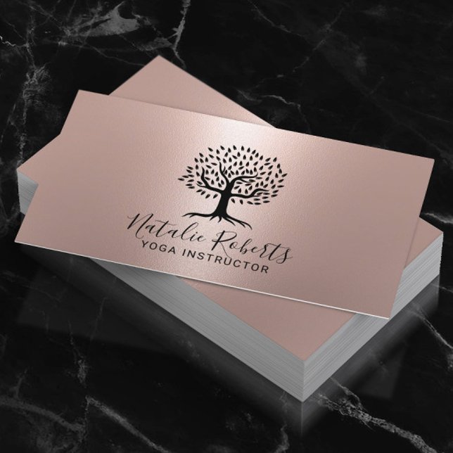 Cartão De Visita Yoga Instructor Life Coach Tree Logo Rosa Dourado (Criador carregado)