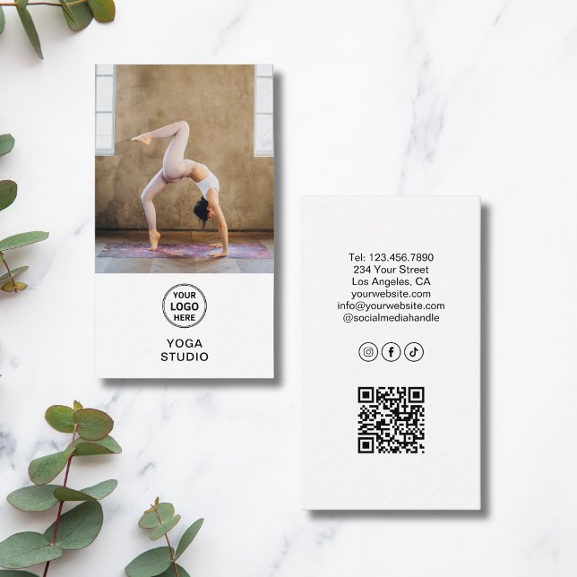 Cartão De Visita Yoga Instructor Teacher Logo Photo QR White (Yoga Instructor Teacher Logo Photo QR White Business Card)