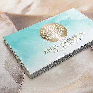 Cartão De Visita Yoga Instrutor Life Coach Dourado Tree Watercolor