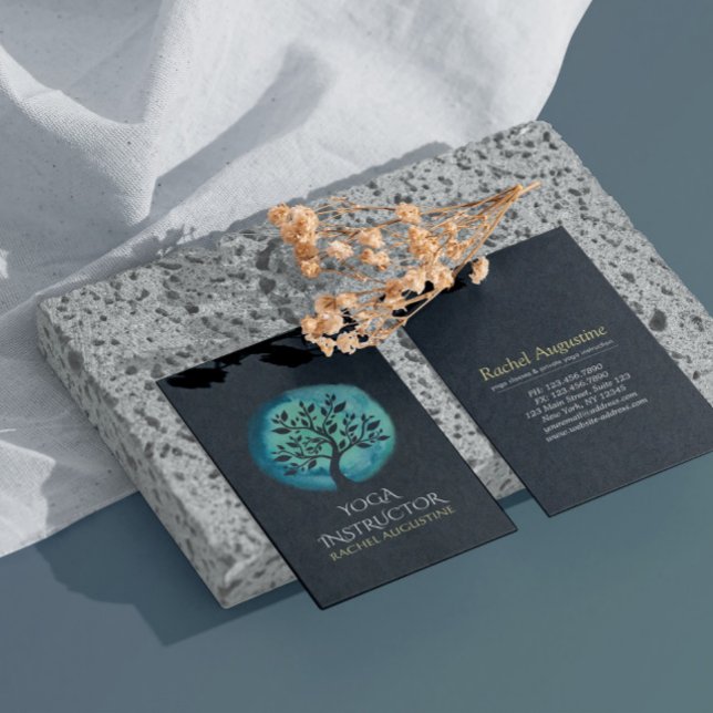 Cartão De Visita Yoga Meditation Instrutor Elegante Black Teal Tree (Criador carregado)