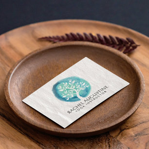 Cartão De Visita Yoga Meditation Instrutor Elegante White Teal Tree