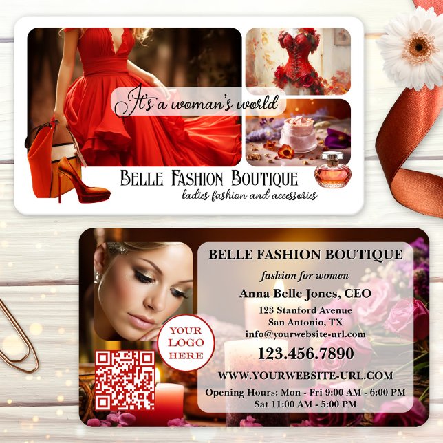 Cartão De Visita Your Design Women's Fashion Retail (Women's fashion beauty or boutique business card featuring a collage of your own custom photos)