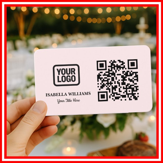 Cartão De Visita Your Logo Here Simple Modern Minimal Pink QR Code (Criador carregado)