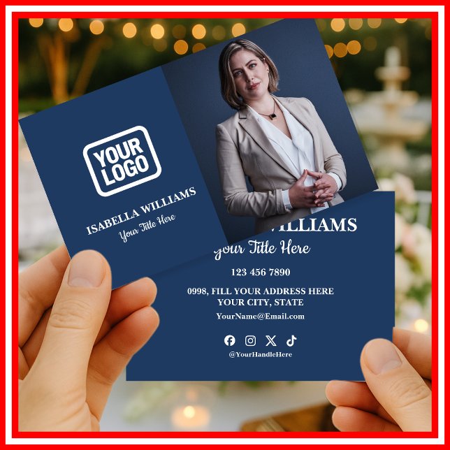 Cartão De Visita Your Logo Here Simple Modern Photo Navy Blue (Criador carregado)