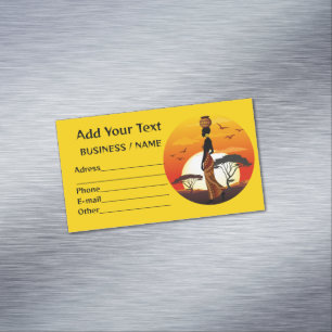 Cartão De Visitas Magnético A linda mulher africana Silhouette sobre os sóis a