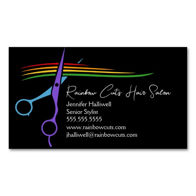 Cartão De Visitas Magnético Arco-Íris Tesoura Quic Hair Moderno Salão (Frente)