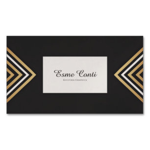 Cartão De Visitas Magnético Arte Moderna Deco Dourado Branco Chevron Preto