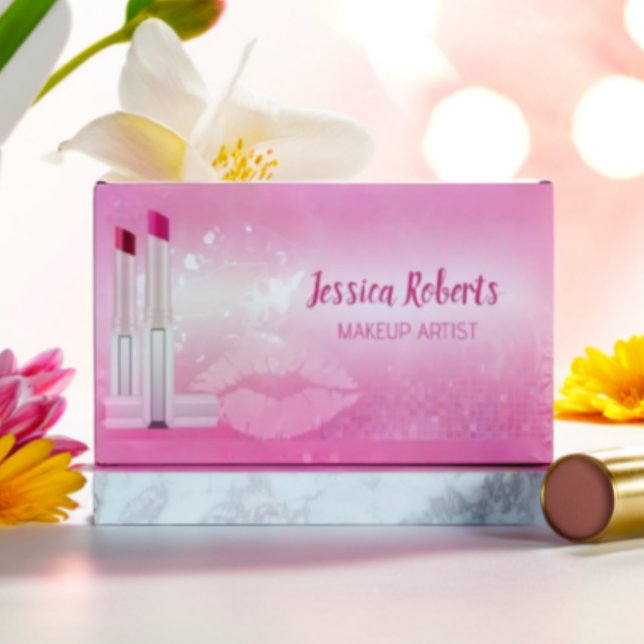 Cartão De Visitas Magnético Artista de Maquiagem de Lábios Rosa Quente Moderno (Criador carregado)