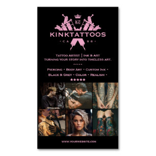 Cartão De Visitas Magnético Artista de Tatuagem Estética Rosa Preto Tatuador