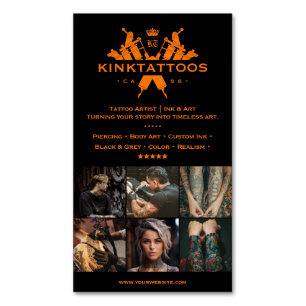 Cartão De Visitas Magnético Artista de Tatuagem Laranja Preto Tattooista Góthi