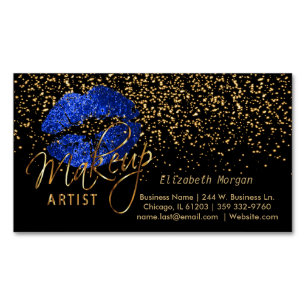 Cartão De Visitas Magnético Artista Makeup com Confetti Dourado e Lábios Azui