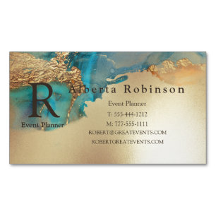 Cartão De Visitas Magnético Azul Dourado Marble Elegante