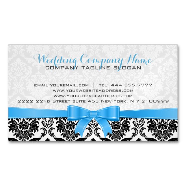 Cartão De Visitas Magnético Azul Elegante Fita Preta e Branca 2 (Frente)