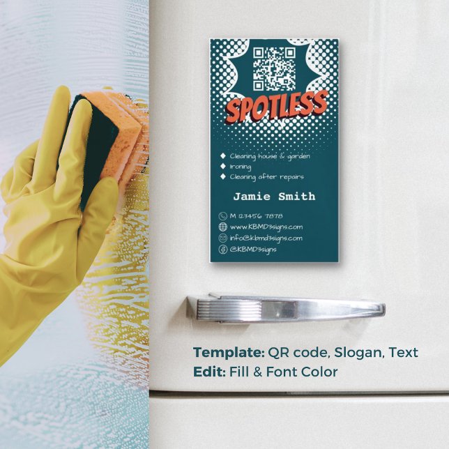 Cartão De Visitas Magnético Azul sem furo: Código QR de Limpeza de Casa Person (Spotless Blue: Custom House Cleaning QR-code Business Card Magnet)