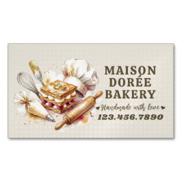 Cartão De Visitas Magnético Bakery Pastry Chef Watercolor Gold Baking Catering