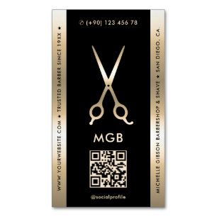 Cartão De Visitas Magnético Barbearia Elegante Tesoura Dourada Negra