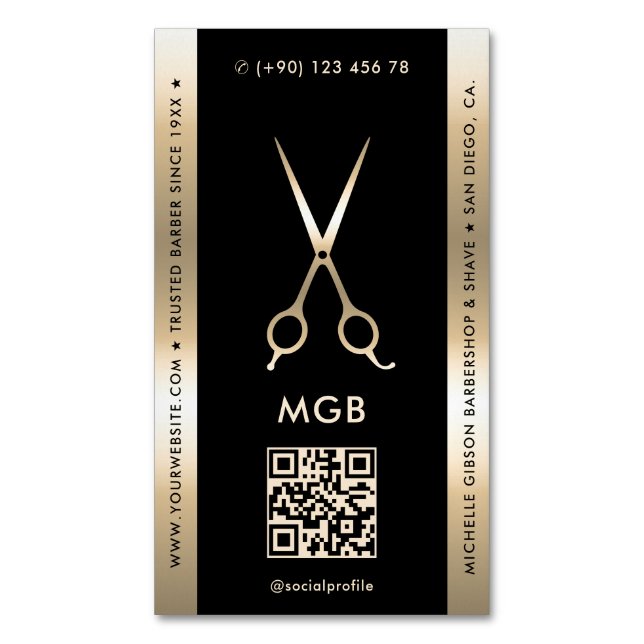 Cartão De Visitas Magnético Barbearia Elegante Tesoura Dourada Negra (Frente Vertical)