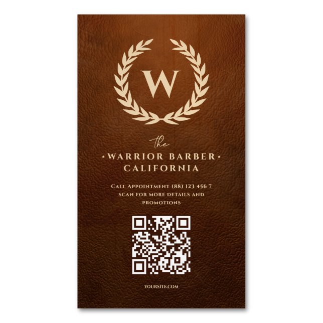 Cartão De Visitas Magnético Barbearia Moderna de Leather Monographic (Frente Vertical)