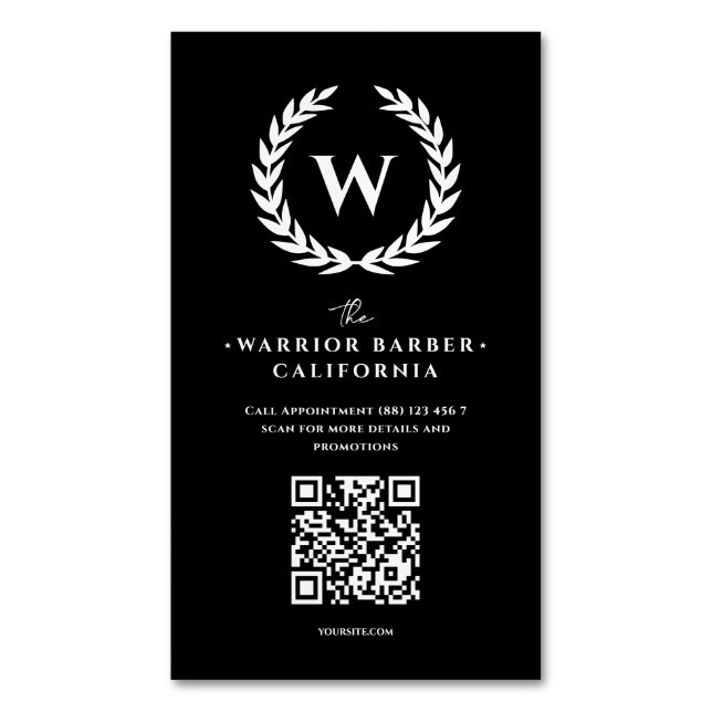 Cartão De Visitas Magnético Barbearia Moderna Monograma QR Professional Barber (Frente Vertical)