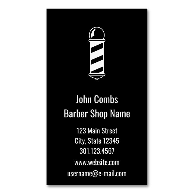 Cartão De Visitas Magnético Barbeiro preto e branco feito sob encomenda Pólo (Frente Vertical)