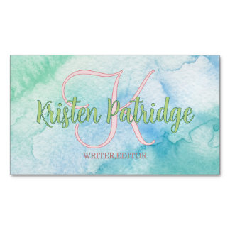 Cartão De Visitas Magnético blue green watercolor editor writer name monogram