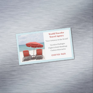 Cartão De Visitas Magnético Blue Sand Red Chairs Agência Viagem Agent Beach