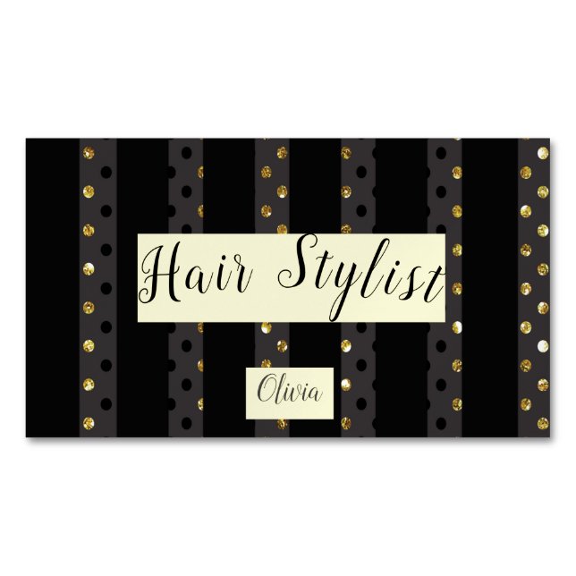 Cartão De Visitas Magnético bolinhas e listras personalizadas de ouro de luxo (Frente)