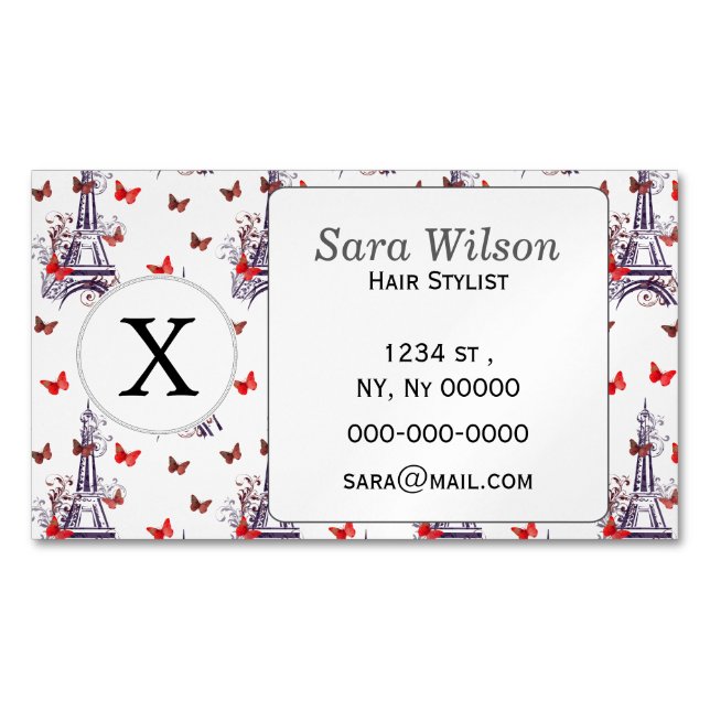 Cartão De Visitas Magnético Borboletas de Torre Eiffel, Roxo Parisiense (Frente)