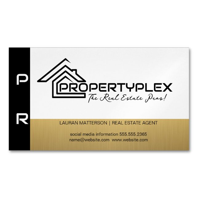 Cartão De Visitas Magnético Branco Dourado preto | Logotipo da Casa (Frente)