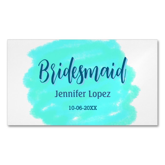 Cartão De Visitas Magnético Bridesmaid azul verde aquarela adiciona nome data  (Frente)