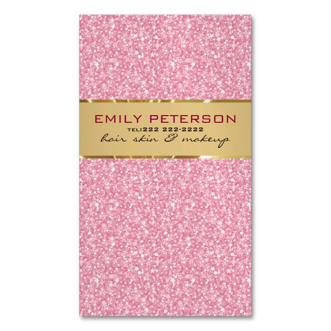 Cartão De Visitas Magnético Brilhante Rosa Elegante Com Acentos Dourados (Frente Vertical)