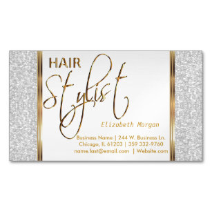Cartão De Visitas Magnético Brilho branco elegante e ouro - cabeleireiro