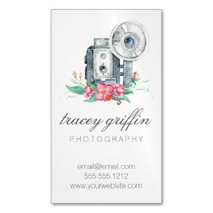 Cartão De Visitas Magnético Câmera Vintage Watercolor e Flores