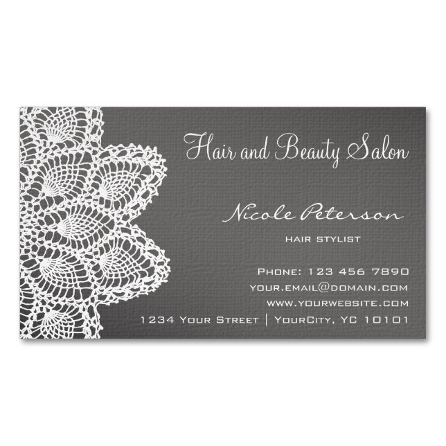 Cartão De Visitas Magnético Cartão magnético do laço branco - cabelo e salão (Frente)