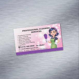 Cartão De Visitas Magnético Cartoon Brunette Maid House Clearing Service