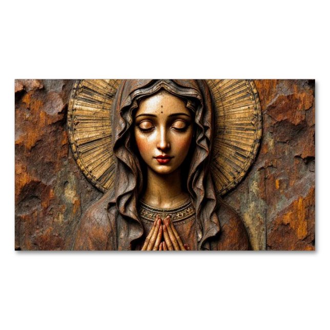 Cartão De Visitas Magnético Carved Devotion  Wooden Mary (Frente)