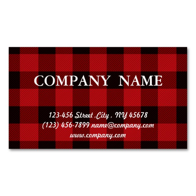 Cartão De Visitas Magnético casaco Natal xadrez de lumberjack de búfalo vermel (Frente)