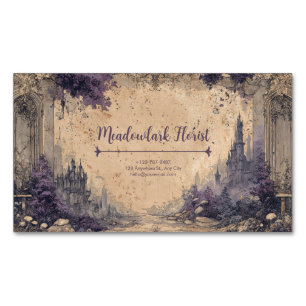 Cartão De Visitas Magnético Castelo de Ruína Gótica Panorama Roxo Vintage