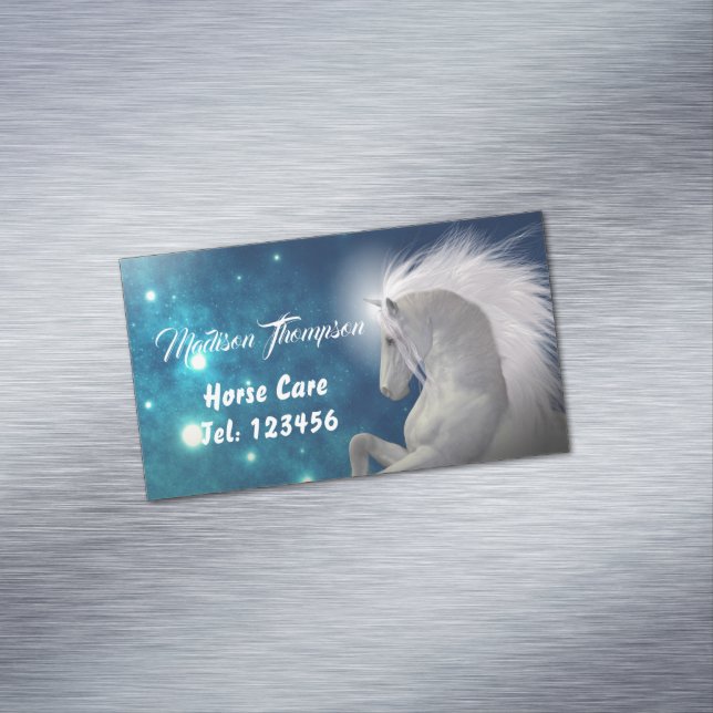 Cartão De Visitas Magnético Céu Azul, Cavalo Branco Cuidados Animais (Posição Original)