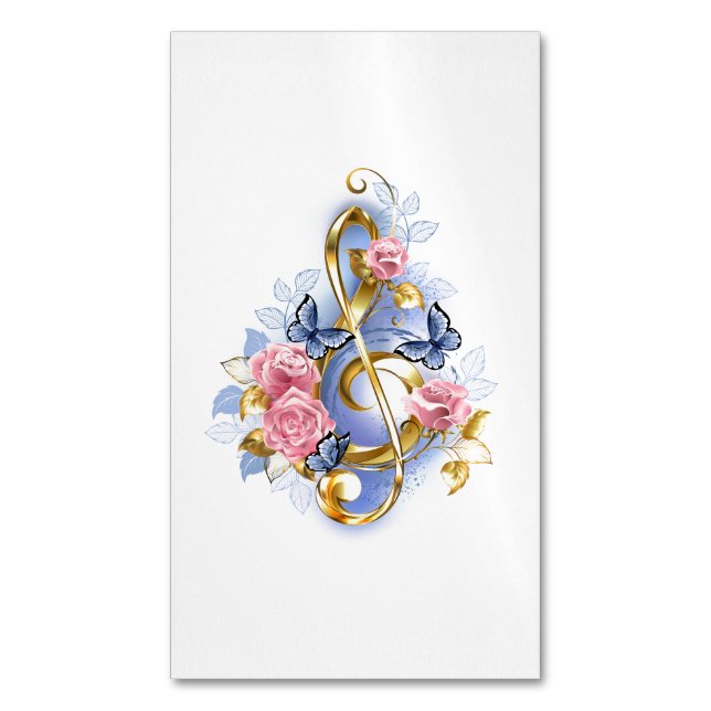 Cartão De Visitas Magnético Clave de sol com Rosas Rosa (Frente Vertical)
