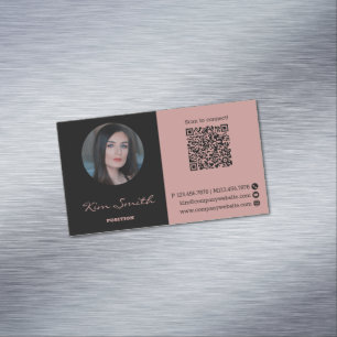 Cartão De Visitas Magnético Código QR de Fotografia de Perfil Rosa e Preto